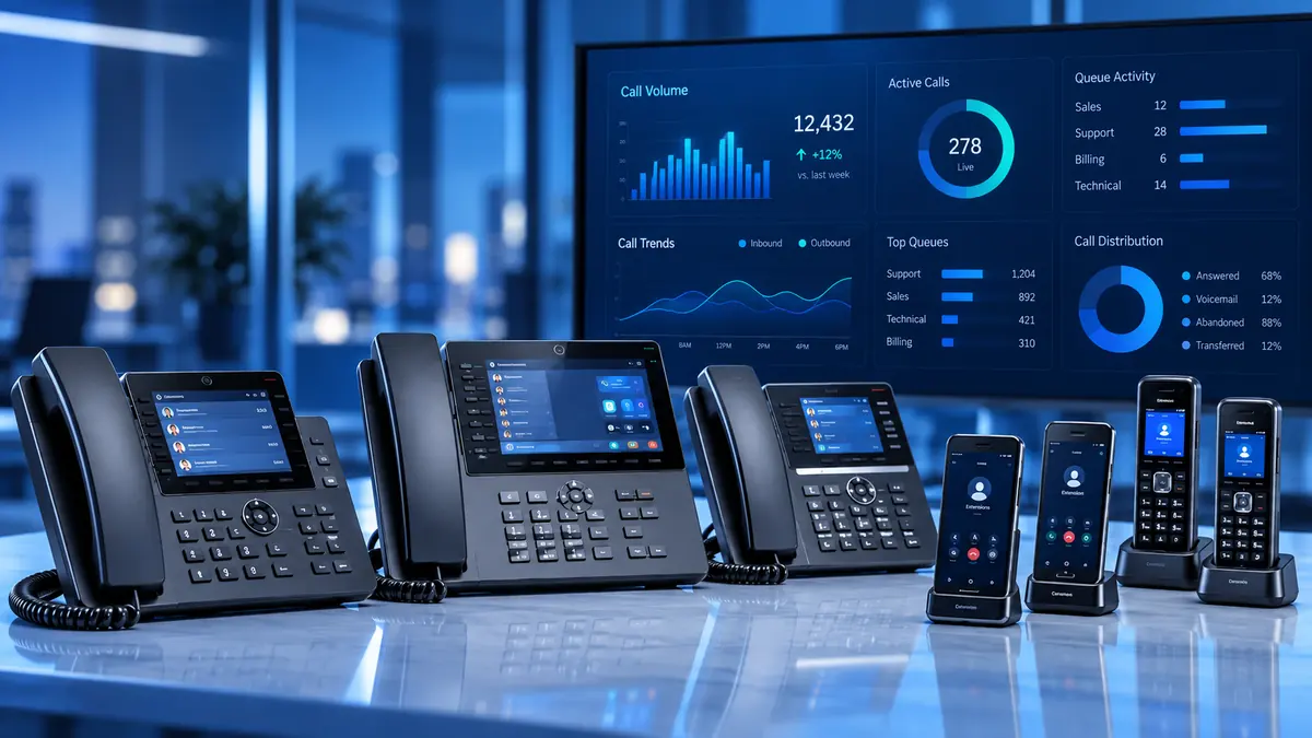 Σύγχρονα IP τηλέφωνα γραφείου και ασύρματα handsets μπροστά από οθόνη με στατιστικά κλήσεων